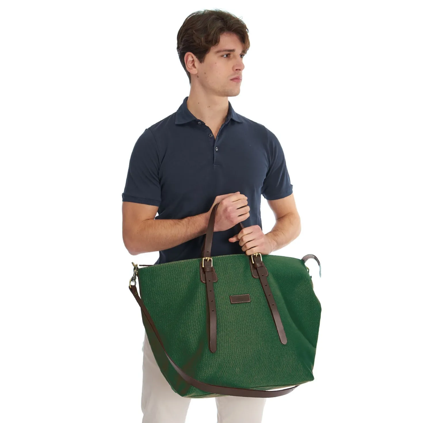 BORSA WEEKEND VERDE SCURO In tela con rifinitute in pelle