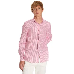 CAMICIA IN LINO BIANCA E BORDEAUX Rigata