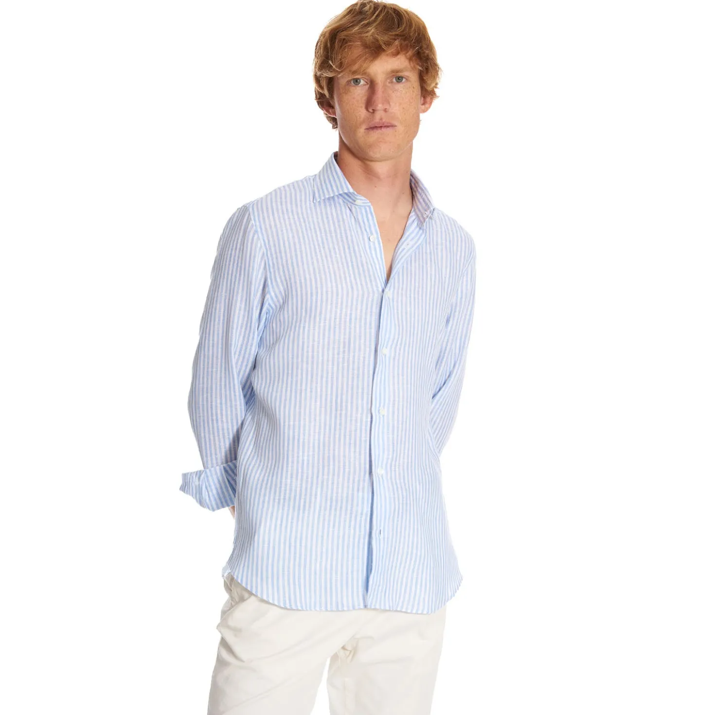 CAMICIA IN LINO BIANCA E AZZURRA Rigata