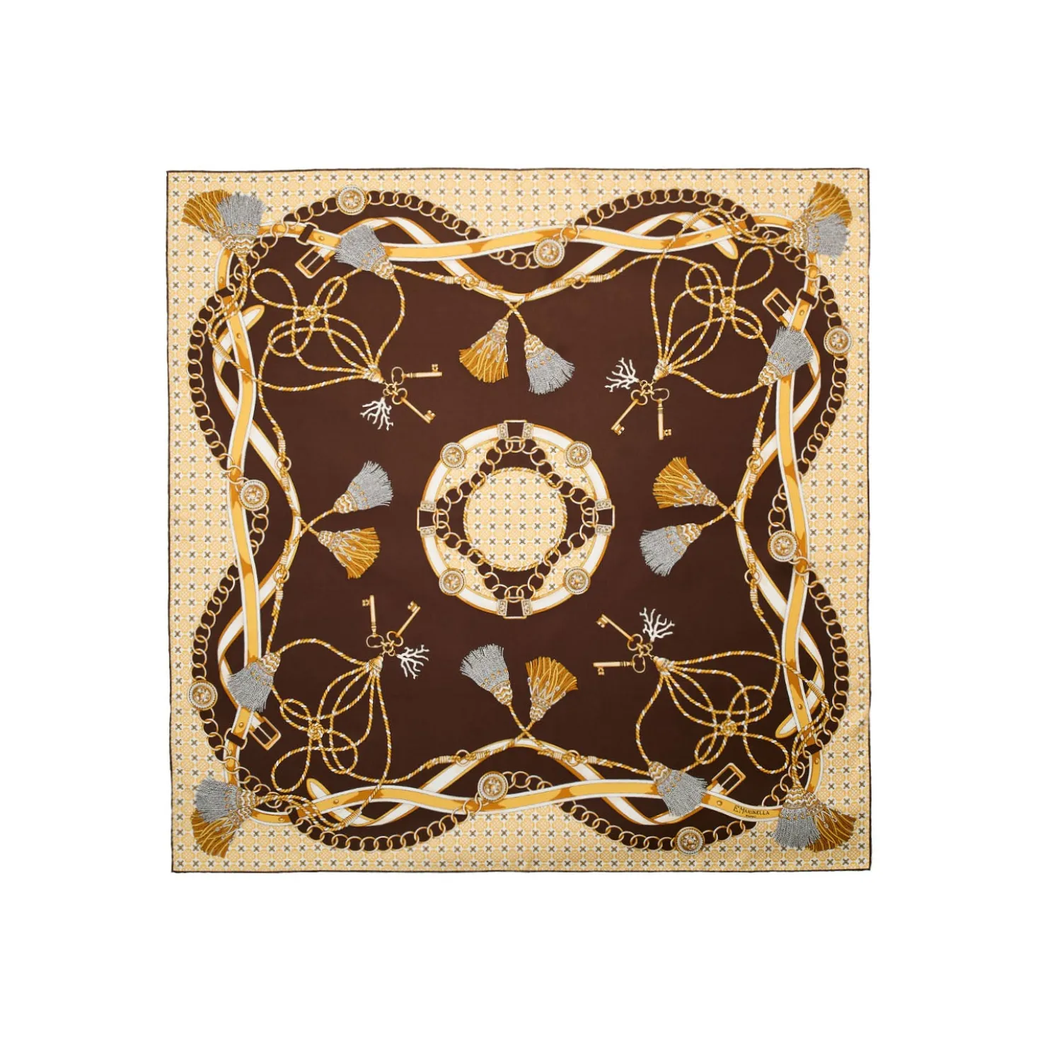 FOULARD IN SETA 90 MARRONE SCURO Microfantasia, nappine e chiavi