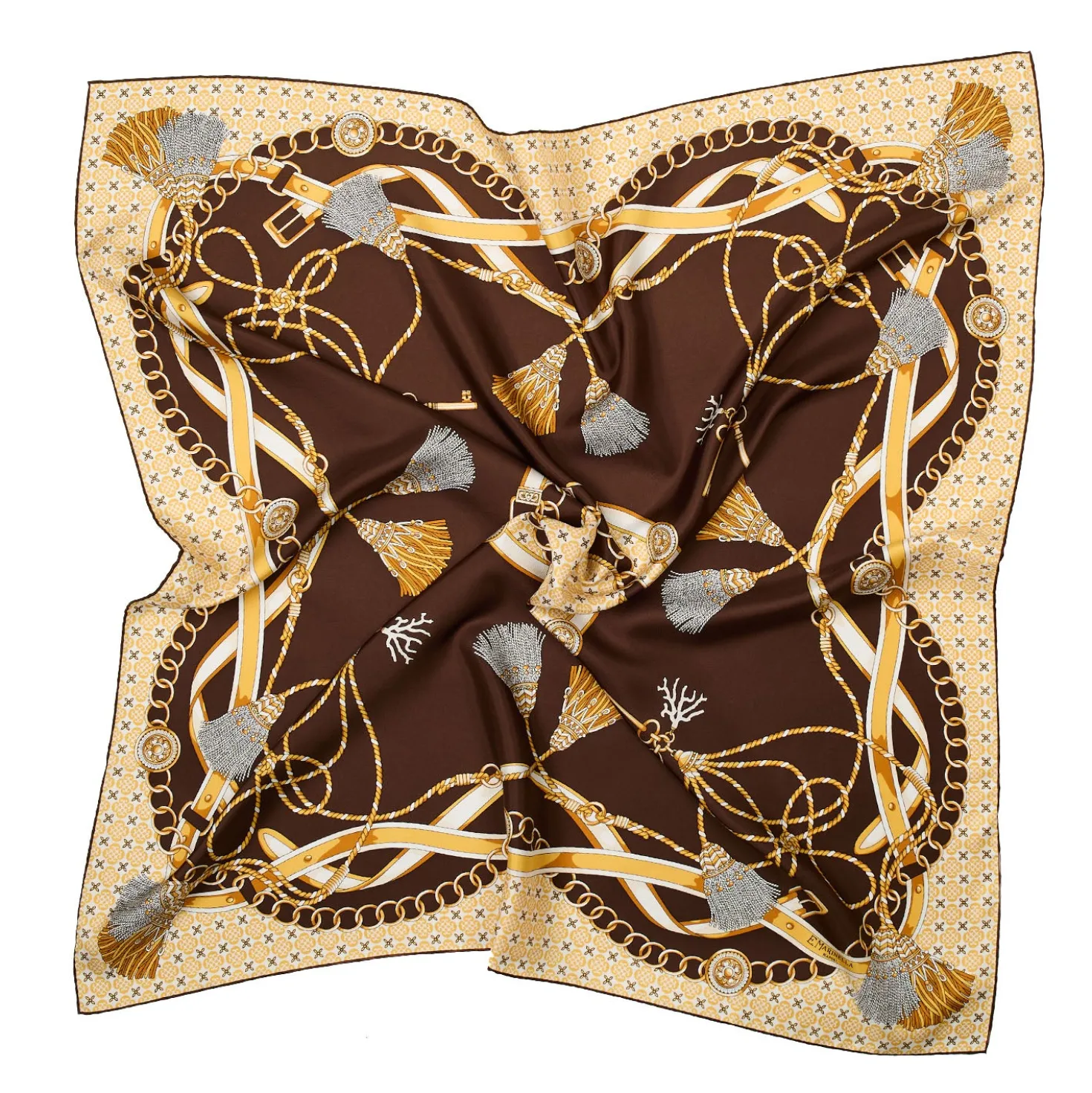 FOULARD IN SETA 90 MARRONE SCURO Microfantasia, nappine e chiavi