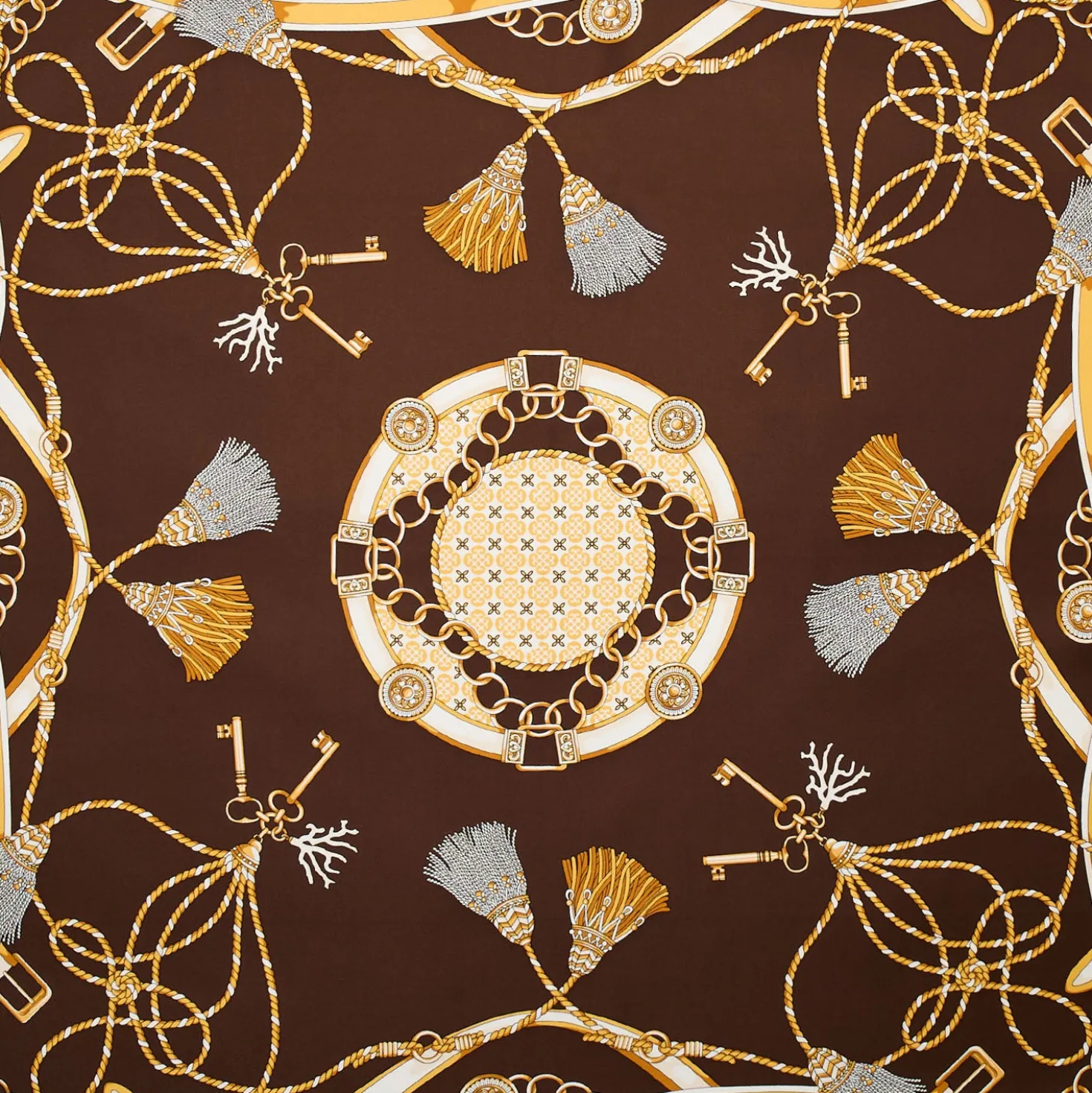 FOULARD IN SETA 90 MARRONE SCURO Microfantasia, nappine e chiavi