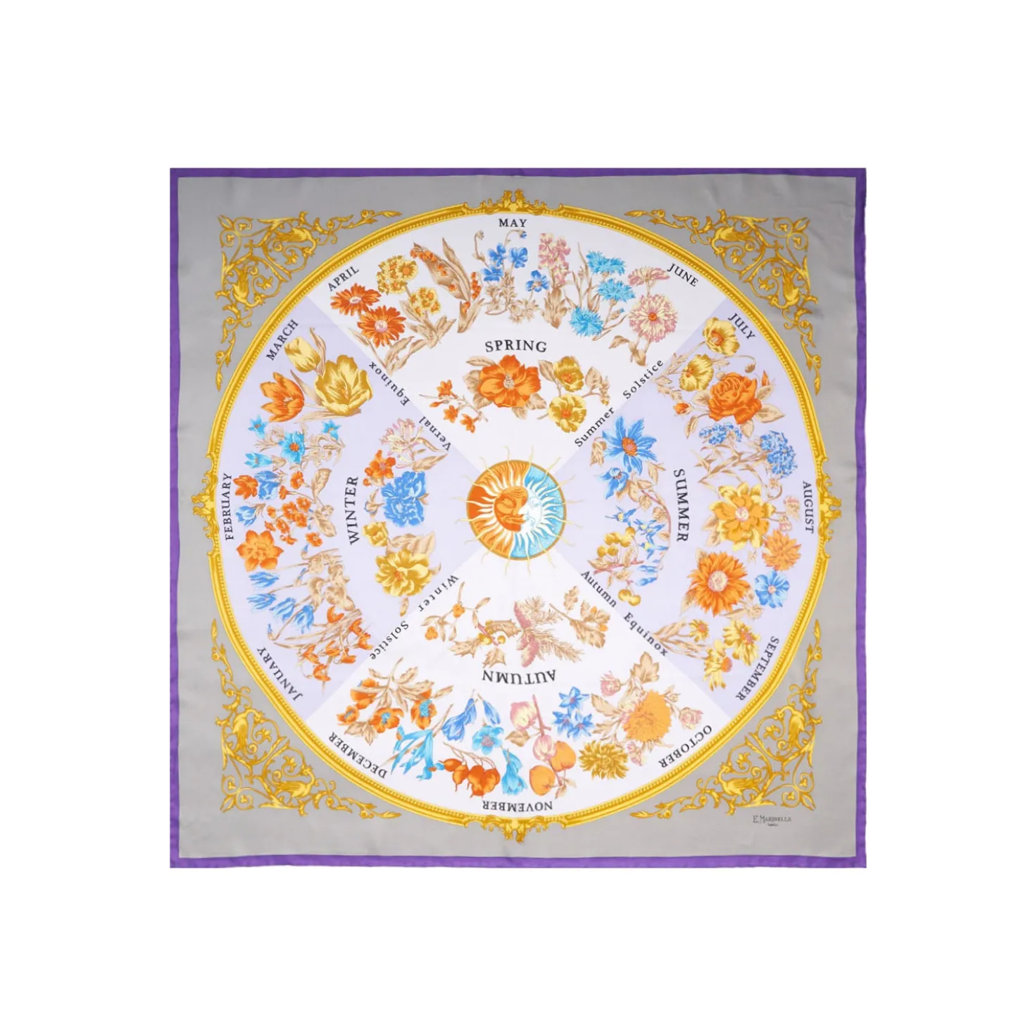 FOULARD IN SETA 90 VIOLA E TORTORA La ruota delle stagioni