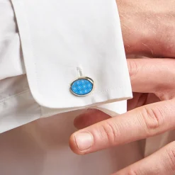 GEMELLI DA POLSO IN ARGENTO AZZURRO Con microfantasia fiore