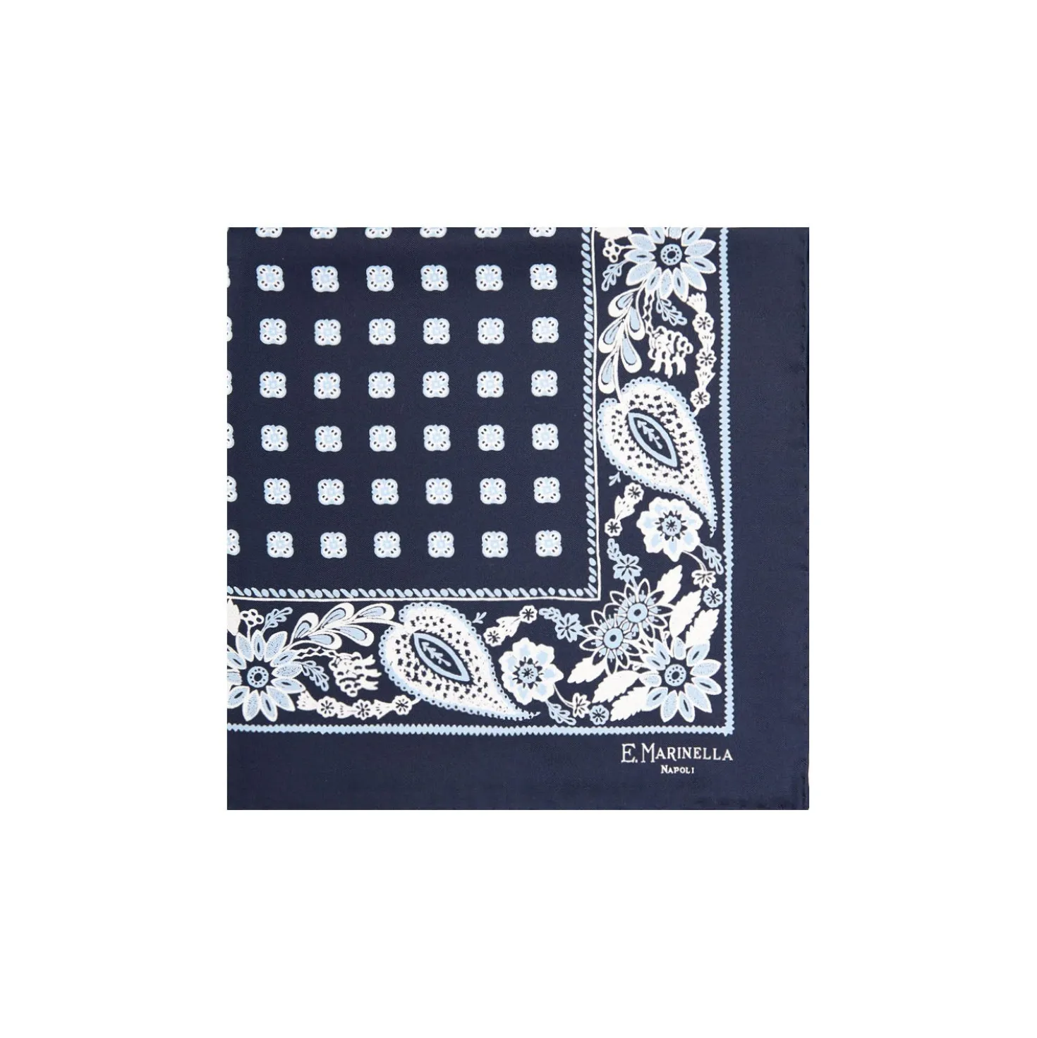 POCHETTE DA TASCHINO IN SETA STAMPATA A MANO BLU SCURO Microfantasia fiore